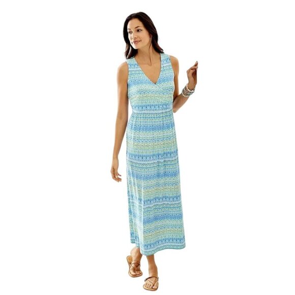 J. Jill Aegan Island Surplice Bodice Maxi Dress Blue Green Print - Picture 1 of 12